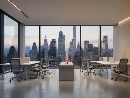 Modernes, minimalistisches Bürointerieur mit bodentiefen Fenstern und Blick auf eine Skyline bei Dämmerung. - Foto: über boerse-global.de