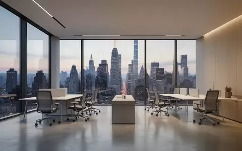 Modernes, minimalistisches Bürointerieur mit bodentiefen Fenstern und Blick auf eine Skyline bei Dämmerung. - Foto: über boerse-global.de