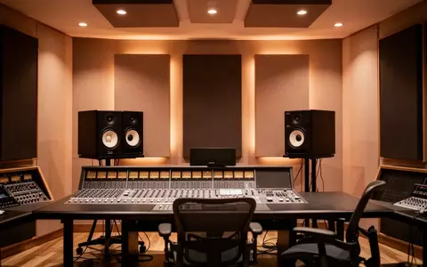 Ein professionelles Tonstudio mit akustischer Wandverkleidung und Studiomonitoren in einer stimmungsvollen Beleuchtung. - Foto: über boerse-global.de