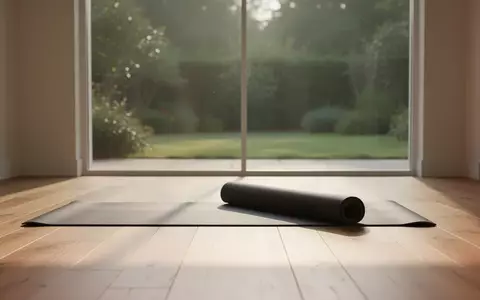 Ein minimalistischer, lichtdurchfluteter Raum mit einer ausgerollten Yogamatte vor einem Fenster mit Blick in einen Garten. - Foto: über boerse-global.de