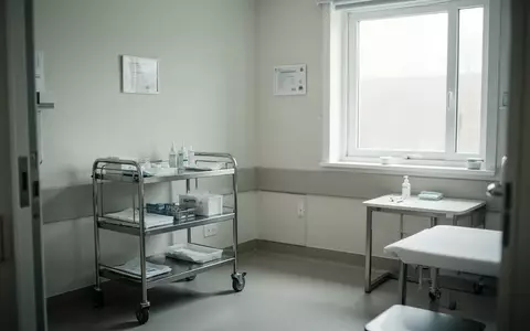Ein steriler, minimalistischer Behandlungsraum in einer Pflegeeinrichtung mit einem Metallwagen bei natürlichem Tageslicht. - Foto: über boerse-global.de