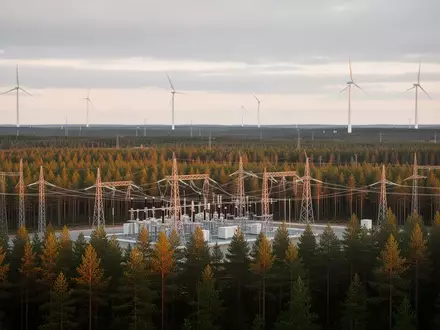 Eine weitläufige finnische Landschaft mit einem modernen Umspannwerk und Windkraftanlagen in einem Nadelwald. - Foto: über boerse-global.de