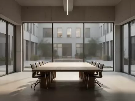 Ein minimalistischer, leerer Konferenzraum in einem modernen Bürogebäude mit großen Fenstern und natürlichem Lichteinfall. - Foto: über boerse-global.de