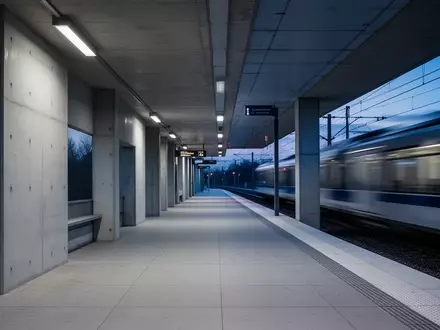 Eine leere, minimalistische Bahnsteigarchitektur in der Dämmerung mit einem unscharfen vorbeifahrenden Zug im Hintergrund. - Foto: über boerse-global.de