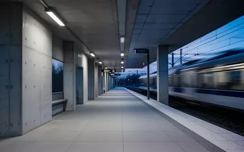 Eine leere, minimalistische Bahnsteigarchitektur in der Dämmerung mit einem unscharfen vorbeifahrenden Zug im Hintergrund. - Foto: über boerse-global.de