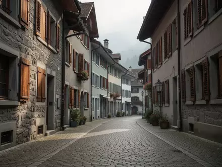 Eine menschenleere, ruhige Wohnstrasse in einer Schweizer Stadt mit traditioneller Architektur und Kopfsteinpflaster. - Foto: über boerse-global.de