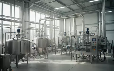 Moderne industrielle Produktionsanlage für Lebensmittel mit Edelstahltanks und Rohrleitungen in einer hellen Fabrikhalle. - Foto: über boerse-global.de