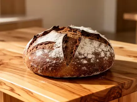 Ein rustikaler, bemehlter Roggensauerteig-Laib auf einem hellen, naturbelassenen Holztresen in einem minimalistischen Raum. - Foto: über boerse-global.de
