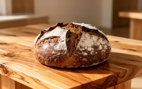 Ein rustikaler, bemehlter Roggensauerteig-Laib auf einem hellen, naturbelassenen Holztresen in einem minimalistischen Raum. - Foto: über boerse-global.de