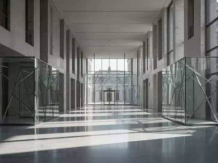 Ein minimalistischer, leerer Flur in einem modernen Regierungsgebäude mit geometrischen Glaswänden und hellem Tageslicht. - Foto: über boerse-global.de