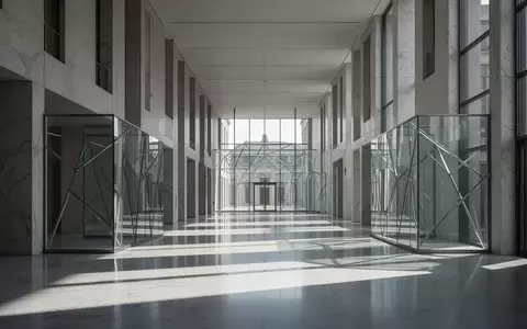 Ein minimalistischer, leerer Flur in einem modernen Regierungsgebäude mit geometrischen Glaswänden und hellem Tageslicht. - Foto: über boerse-global.de