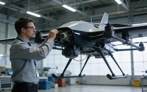 Ein Ingenieur inspiziert eine moderne Industriedrohne in einer hellen, professionellen Luft- und Raumfahrthalle. - Foto: über boerse-global.de