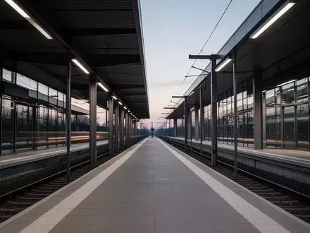 Leerer Bahnsteig in einem modernen Bahnhof mit klaren architektonischen Linien und natürlicher Beleuchtung bei Dämmerung. - Foto: über boerse-global.de