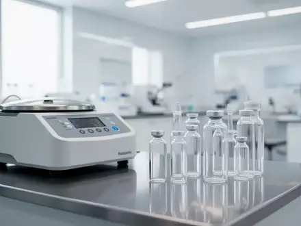 Ein minimalistisches, helles klinisches Labor mit medizinischen Glasphiolen und einer Zentrifuge auf einer Edelstahloberfläche. - Foto: über boerse-global.de