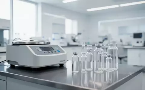 Ein minimalistisches, helles klinisches Labor mit medizinischen Glasphiolen und einer Zentrifuge auf einer Edelstahloberfläche. - Foto: über boerse-global.de