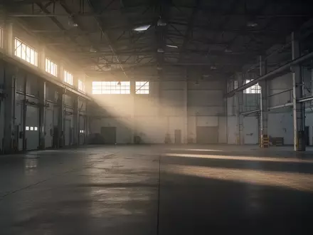 Leere, industrielle Verladehalle in den frühen Morgenstunden mit Betonboden und hohen Decken. - Foto: über boerse-global.de
