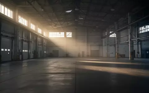 Leere, industrielle Verladehalle in den frühen Morgenstunden mit Betonboden und hohen Decken. - Foto: über boerse-global.de