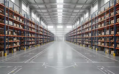 Weitläufiges, modernes Logistikzentrum mit hohen Regalsystemen und poliertem Industrieboden bei Tageslicht. - Foto: über boerse-global.de