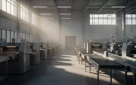 Leere, stille Sortieranlage in einem modernen Logistikzentrum mit unbenutzten Förderbändern im Morgenlicht. - Foto: über boerse-global.de