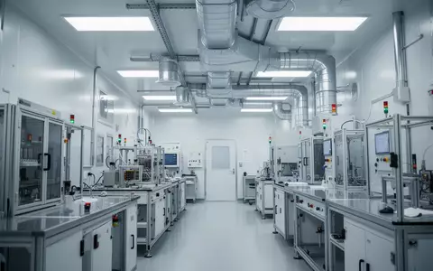 Ein steriles, modernes Labor für Mikroelektronik-Forschung mit metallischen Oberflächen und technischer Infrastruktur. - Foto: über boerse-global.de