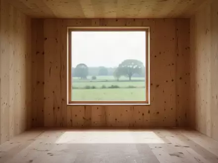 Minimalistischer, lichtdurchfluteter Innenraum mit hellen Holzwänden und freiem Blick auf eine ruhige, grüne Wiesenlandschaft. - Foto: über boerse-global.de