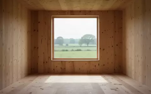 Minimalistischer, lichtdurchfluteter Innenraum mit hellen Holzwänden und freiem Blick auf eine ruhige, grüne Wiesenlandschaft. - Foto: über boerse-global.de