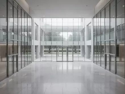 Ein minimalistisches, leeres Atrium eines modernen öffentlichen Gebäudes mit polierten Steinböden und Glaswänden. - Foto: über boerse-global.de