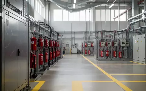 Ein moderner, aufgeräumter Industriebetrieb mit Sicherheitsausrüstung und elektrischen Anlagen in einer hellen Werkshalle. - Foto: über boerse-global.de