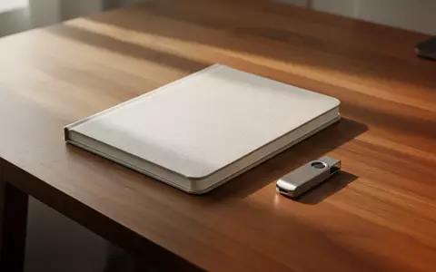 Ein minimalistischer Arbeitsplatz mit einem leeren Notizbuch und einem USB-Stick auf einem Holztisch bei natürlichem Licht. - Foto: über boerse-global.de
