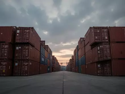 Leeres Containerterminal in einem deutschen Seehafen bei Dämmerung mit gestapelten Containern unter bewölktem Himmel. - Foto: über boerse-global.de