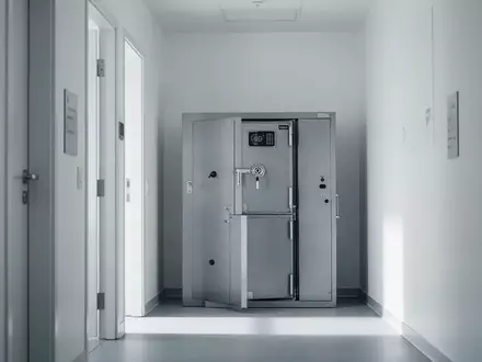 Ein minimalistisch gestalteter Flur in einer medizinischen Einrichtung mit einem verschlossenen Metallschrank. - Foto: über boerse-global.de