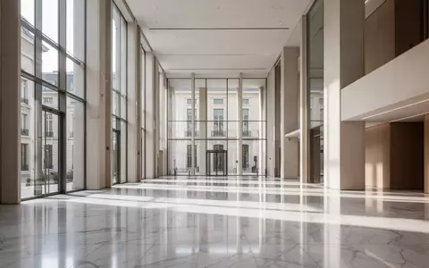 Ein minimalistischer, lichtdurchfluteter Innenraum eines modernen Finanzgebäudes mit polierten Marmorböden und hohen Fenstern. - Foto: über boerse-global.de