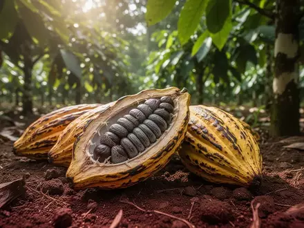Geerntete Kakaofrüchte in einer Plantage in Ghana bei natürlichem Tageslicht - Foto: über boerse-global.de