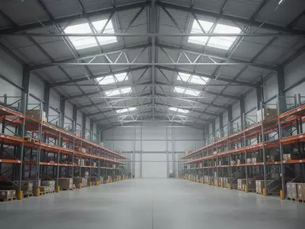 Leeres, modernes Logistiklager mit hohen Stahlregalen und Industriebauweise in natürlichem Tageslicht. - Foto: über boerse-global.de