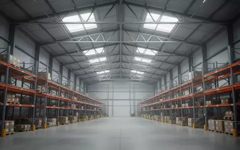 Leeres, modernes Logistiklager mit hohen Stahlregalen und Industriebauweise in natürlichem Tageslicht. - Foto: über boerse-global.de