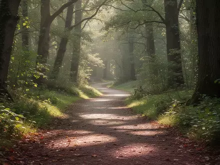 Ein friedlicher, bewaldeter Pfad bei Sonnenaufgang, der zu täglichen Spaziergängen in der Natur einlädt. - Foto: über boerse-global.de