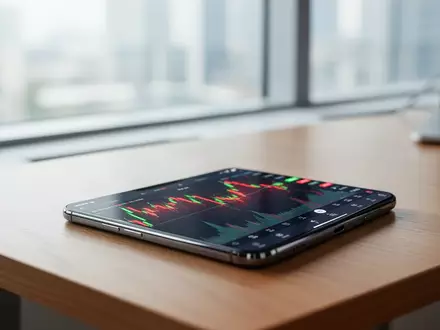 Ein Smartphone auf einem Schreibtisch zeigt Aktienkurse in einer modernen Büroumgebung. - Foto: über boerse-global.de