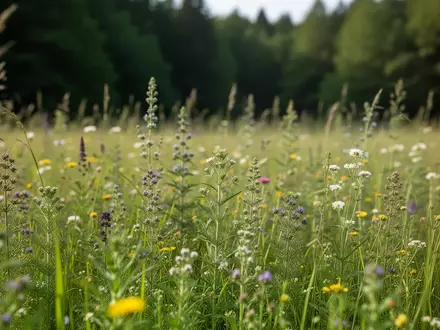 Eine blühende Wildkräuterwiese an einem sonnigen Tag mit Fokus auf verschiedene heimische Heilpflanzen. - Foto: über boerse-global.de