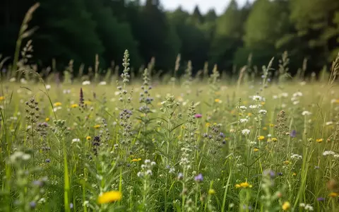 Eine blühende Wildkräuterwiese an einem sonnigen Tag mit Fokus auf verschiedene heimische Heilpflanzen. - Foto: über boerse-global.de