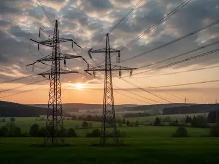 Ein Hochspannungsmast steht in einer weiten, hügeligen Landschaft bei Sonnenuntergang. - Foto: über boerse-global.de