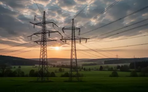 Ein Hochspannungsmast steht in einer weiten, hügeligen Landschaft bei Sonnenuntergang. - Foto: über boerse-global.de