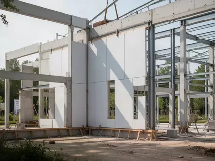 Eine moderne Baustelle mit einer teilweise montierten Fassade aus großformatigen Platten auf einem Freigelände. - Foto: über boerse-global.de