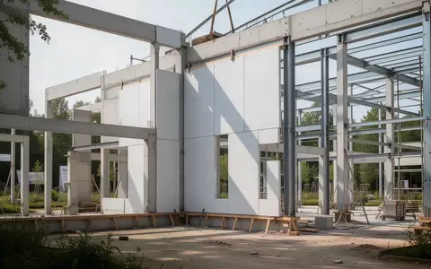 Eine moderne Baustelle mit einer teilweise montierten Fassade aus großformatigen Platten auf einem Freigelände. - Foto: über boerse-global.de