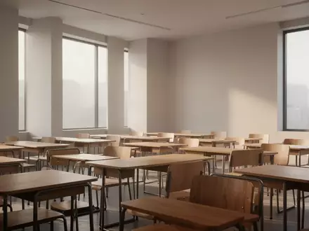 Ein heller, leerer Klassenraum mit modernen Holzmöbeln und sanftem Tageslicht, der eine konzentrierte Lernatmosphäre vermittelt. - Foto: über boerse-global.de