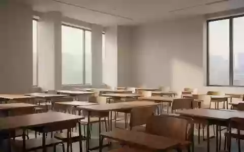 Ein heller, leerer Klassenraum mit modernen Holzmöbeln und sanftem Tageslicht, der eine konzentrierte Lernatmosphäre vermittelt. - Foto: über boerse-global.de