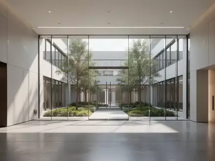 Ein minimalistischer, lichtdurchfluteter Eingangsbereich eines modernen Bürogebäudes mit Blick in einen begrünten Innenhof. - Foto: über boerse-global.de