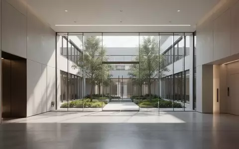 Ein minimalistischer, lichtdurchfluteter Eingangsbereich eines modernen Bürogebäudes mit Blick in einen begrünten Innenhof. - Foto: über boerse-global.de