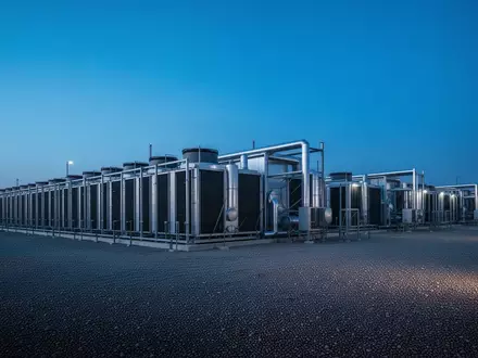 Eine weitläufige industrielle Kühlanlage für Rechenzentren bei Dämmerung, die die enorme Infrastruktur und den Energiebedarf symbolisiert. - Foto: über boerse-global.de