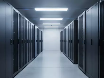 Ein minimalistischer, moderner Serverraum mit diskreter Beleuchtung und aufgereihten, matten Serverschränken. - Foto: über boerse-global.de