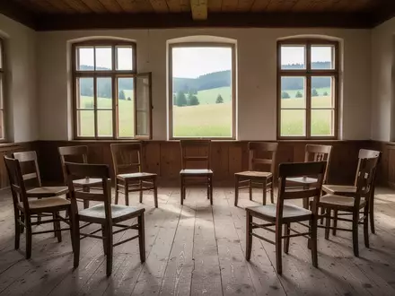Ein sonnendurchfluteter, rustikaler Gemeinschaftsraum in einem ländlichen Gebäude im Waldviertel mit Blick auf eine Wiese. - Foto: über boerse-global.de
